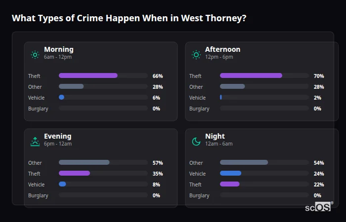 Crime types by time period for West Thorney - showing breakdown of burglary, violence, theft, and vehicle crime by morning, afternoon, evening, and night