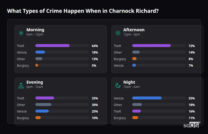 What Types of Crime Happen When in Charnock Richard? Crime types by time period for Charnock Richard - showing breakdown of burglary, violence, theft, and vehicle crime by morning, afternoon, evening, and night