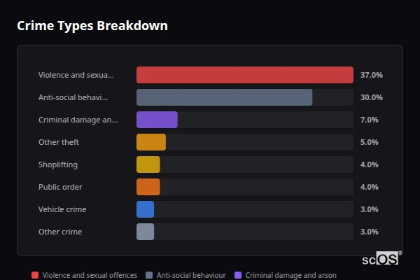 Crime Types Breakdown for Chorley - showing Violence and sexual offences (37%), Anti-social behaviour (29%), Criminal damage and arson (7%)