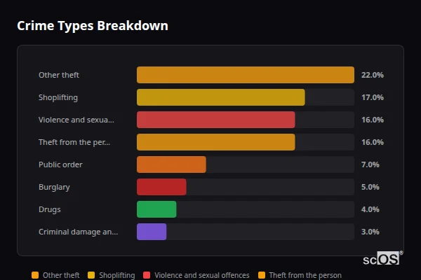 Crime Types Breakdown for City and County of the City of London - showing Other theft (22%), Shoplifting (17%), Violence and sexual offences (16%)