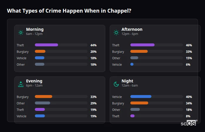 Crime types by time period for Chappel - showing breakdown of burglary, violence, theft, and vehicle crime by morning, afternoon, evening, and night