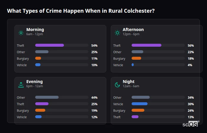 Crime types by time period for Rural Colchester - showing breakdown of burglary, violence, theft, and vehicle crime by morning, afternoon, evening, and night