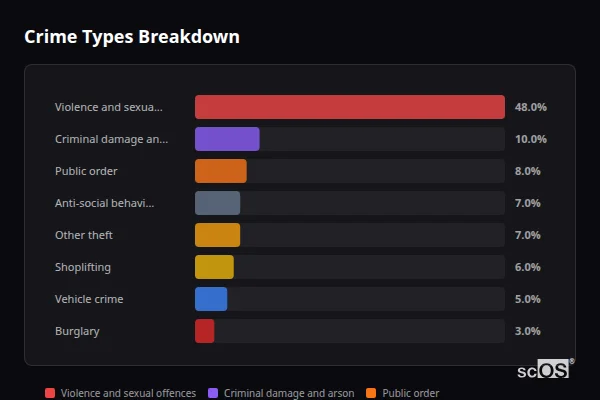 Crime Types Breakdown for Tiptree - showing Violence and sexual offences (48%), Criminal damage and arson (10%), Public order (8%)