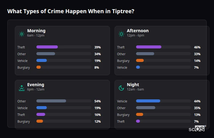 Crime types by time period for Tiptree - showing breakdown of burglary, violence, theft, and vehicle crime by morning, afternoon, evening, and night