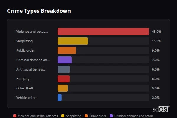 Crime Types Breakdown - West Bergholt Crime Types Breakdown for West Bergholt - showing Violence and sexual offences (45%), Shoplifting (15%), Public order (9%)