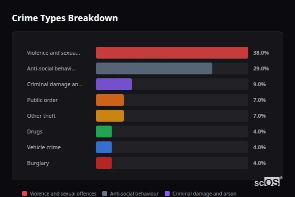 Crime Types Breakdown for Dwygyfylchi - showing Violence and sexual offences (38%), Anti-social behaviour (29%), Criminal damage and arson (9%)