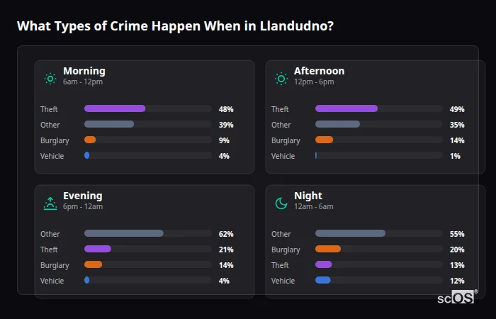 Crime types by time period for Llandudno - showing breakdown of burglary, violence, theft, and vehicle crime by morning, afternoon, evening, and night