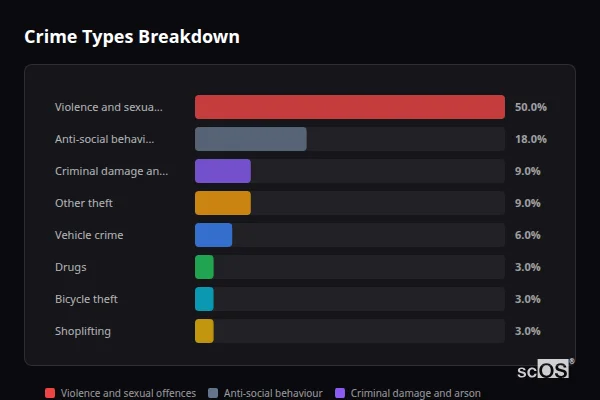 Crime Types Breakdown for Mynydd Marian - showing Violence and sexual offences (50%), Anti-social behaviour (18%), Criminal damage and arson (9%)