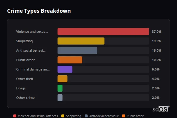 Crime Types Breakdown - Pensarn Crime Types Breakdown for Pensarn - showing Violence and sexual offences (37%), Shoplifting (19%), Anti-social behaviour (16%)