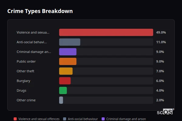 Crime Types Breakdown for Frizington - showing Violence and sexual offences (49%), Anti-social behaviour (11%), Criminal damage and arson (9%)