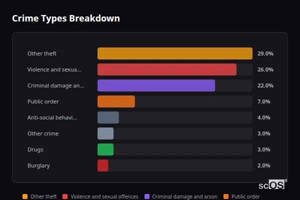 Crime Types Breakdown for Gosforth - showing Other theft (29%), Violence and sexual offences (26%), Criminal damage and arson (22%)