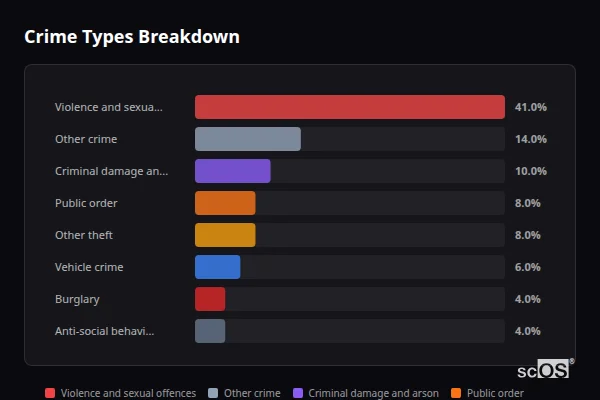 Crime Types Breakdown for Moor Row - showing Violence and sexual offences (41%), Other crime (14%), Criminal damage and arson (10%)