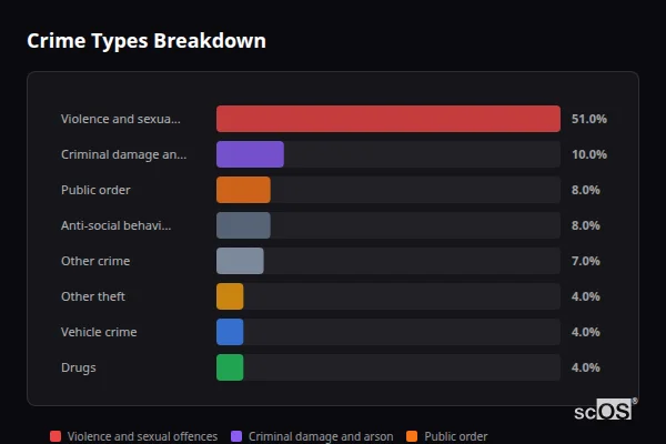 Crime Types Breakdown - Parton Crime Types Breakdown for Parton - showing Violence and sexual offences (51%), Criminal damage and arson (10%), Public order (8%)