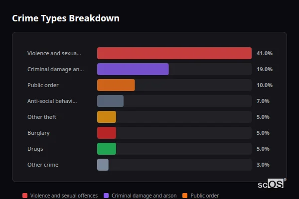 Crime Types Breakdown for Rheda Park - showing Violence and sexual offences (41%), Criminal damage and arson (19%), Public order (10%)
