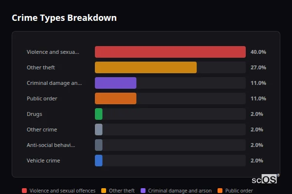 Crime Types Breakdown for Seascale - showing Violence and sexual offences (40%), Other theft (27%), Criminal damage and arson (11%)