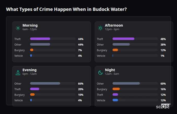 Crime types by time period for Budock Water - showing breakdown of burglary, violence, theft, and vehicle crime by morning, afternoon, evening, and night