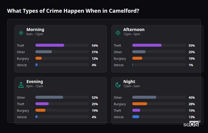 Crime types by time period for Camelford - showing breakdown of burglary, violence, theft, and vehicle crime by morning, afternoon, evening, and night