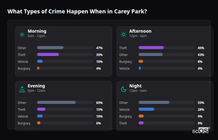 Crime types by time period for Carey Park - showing breakdown of burglary, violence, theft, and vehicle crime by morning, afternoon, evening, and night