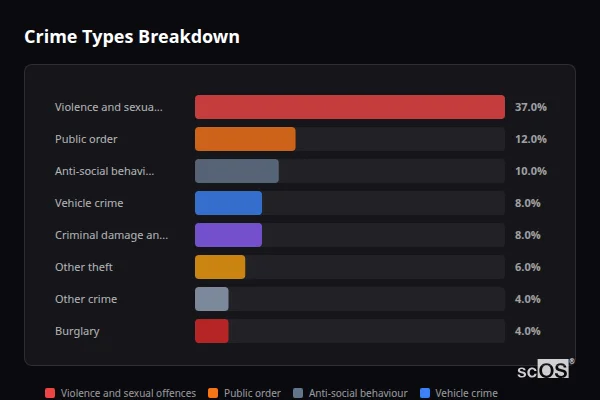Crime Types Breakdown for Carnon Downs and Devoran - showing Violence and sexual offences (37%), Public order (12%), Anti-social behaviour (10%)