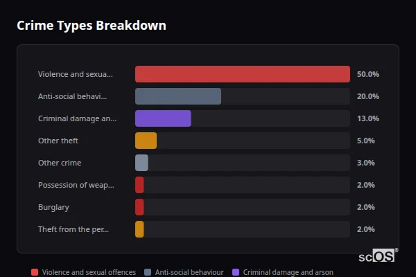 Crime Types Breakdown for Connor Downs - showing Violence and sexual offences (50%), Anti-social behaviour (20%), Criminal damage and arson (13%)