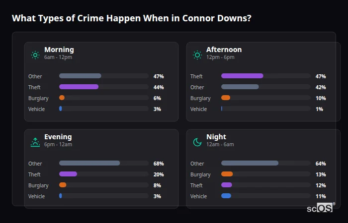 Crime types by time period for Connor Downs - showing breakdown of burglary, violence, theft, and vehicle crime by morning, afternoon, evening, and night
