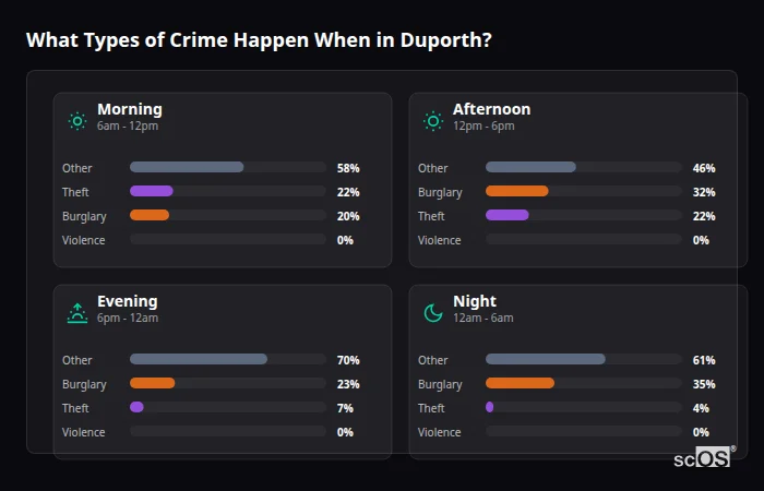 Crime types by time period for Duporth - showing breakdown of burglary, violence, theft, and vehicle crime by morning, afternoon, evening, and night