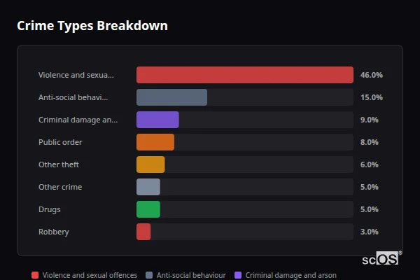 Crime Types Breakdown for Four Lanes - showing Violence and sexual offences (46%), Anti-social behaviour (15%), Criminal damage and arson (9%)
