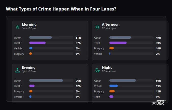 Crime types by time period for Four Lanes - showing breakdown of burglary, violence, theft, and vehicle crime by morning, afternoon, evening, and night