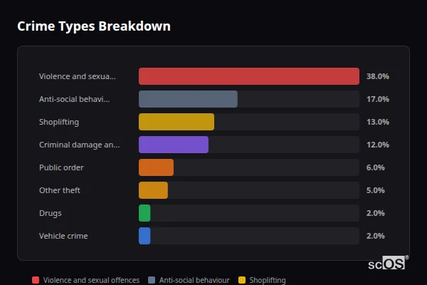 Crime Types Breakdown for Hayle - showing Violence and sexual offences (38%), Anti-social behaviour (17%), Shoplifting (13%)