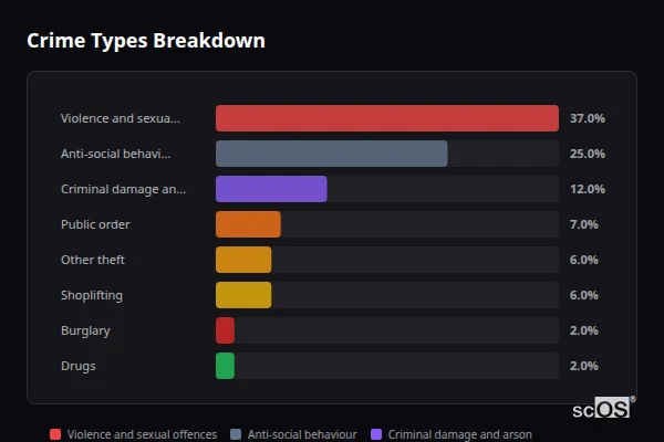 Crime Types Breakdown for Helston - showing Violence and sexual offences (37%), Anti-social behaviour (25%), Criminal damage and arson (12%)