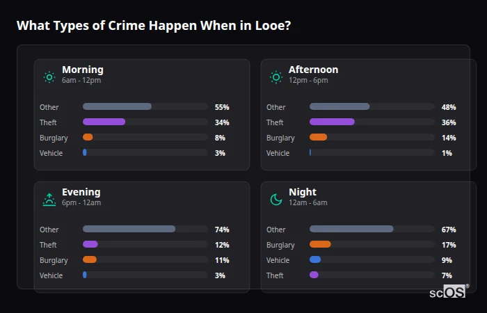 Crime types by time period for Looe - showing breakdown of burglary, violence, theft, and vehicle crime by morning, afternoon, evening, and night
