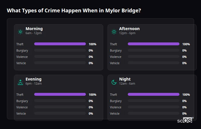 Crime types by time period for Mylor Bridge - showing breakdown of burglary, violence, theft, and vehicle crime by morning, afternoon, evening, and night