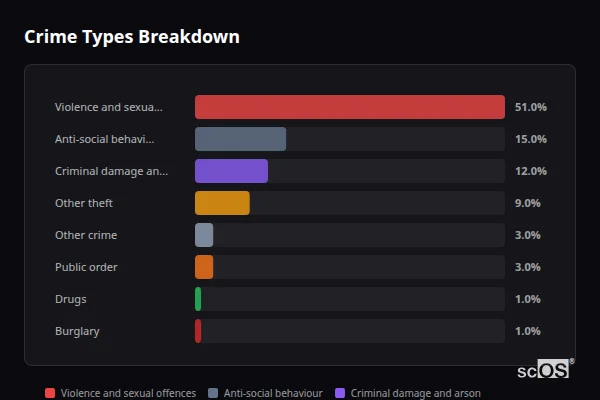 Crime Types Breakdown for Nanpean - showing Violence and sexual offences (51%), Anti-social behaviour (15%), Criminal damage and arson (12%)
