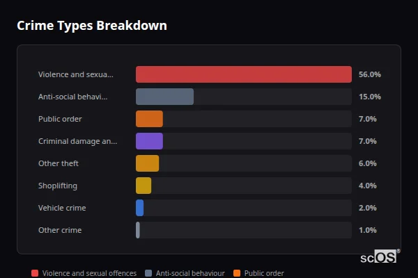 Crime Types Breakdown for Newlyn - showing Violence and sexual offences (56%), Anti-social behaviour (15%), Public order (7%)