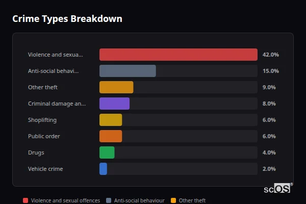 Crime Types Breakdown for Newquay - showing Violence and sexual offences (42%), Anti-social behaviour (15%), Other theft (9%)