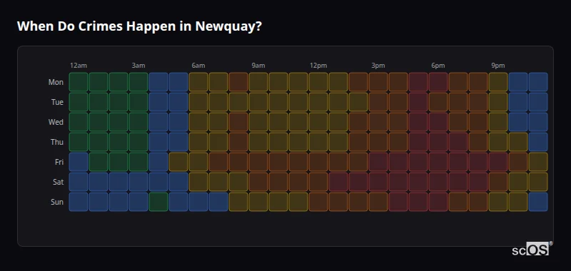 Crime time heatmap for Newquay - showing when crimes are most likely to occur by day and hour