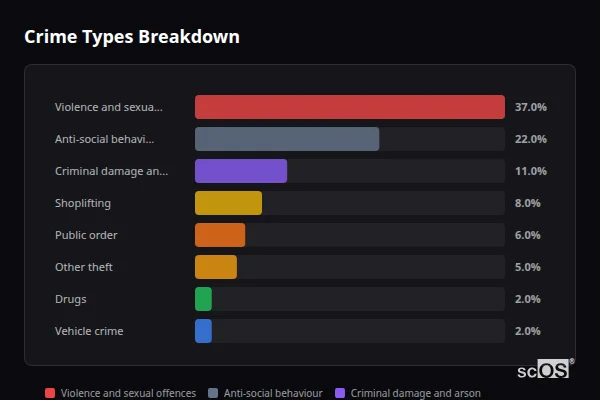 Crime Types Breakdown for Penzance - showing Violence and sexual offences (37%), Anti-social behaviour (22%), Criminal damage and arson (11%)