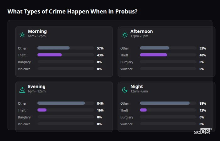 Crime types by time period for Probus - showing breakdown of burglary, violence, theft, and vehicle crime by morning, afternoon, evening, and night