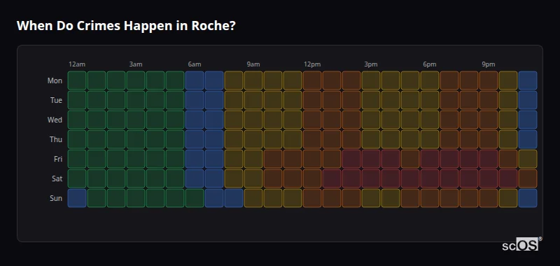 Crime time heatmap for Roche - showing when crimes are most likely to occur by day and hour