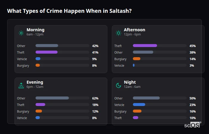Crime types by time period for Saltash - showing breakdown of burglary, violence, theft, and vehicle crime by morning, afternoon, evening, and night