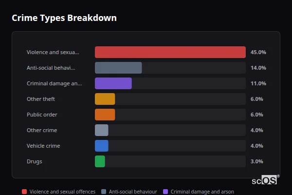 Crime Types Breakdown - St Blazey Crime Types Breakdown for St Blazey - showing Violence and sexual offences (45%), Anti-social behaviour (14%), Criminal damage and arson (11%)