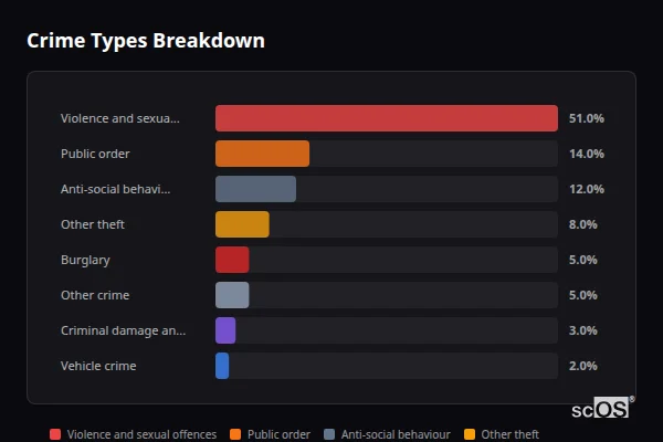 Crime Types Breakdown for St Cleer - showing Violence and sexual offences (51%), Public order (14%), Anti-social behaviour (12%)