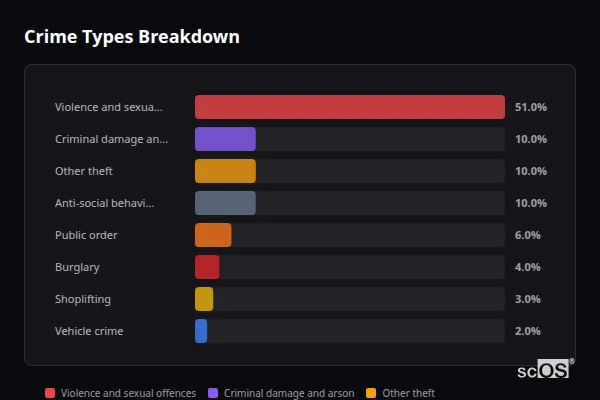 Crime Types Breakdown for St Day - showing Violence and sexual offences (51%), Criminal damage and arson (10%), Other theft (10%)