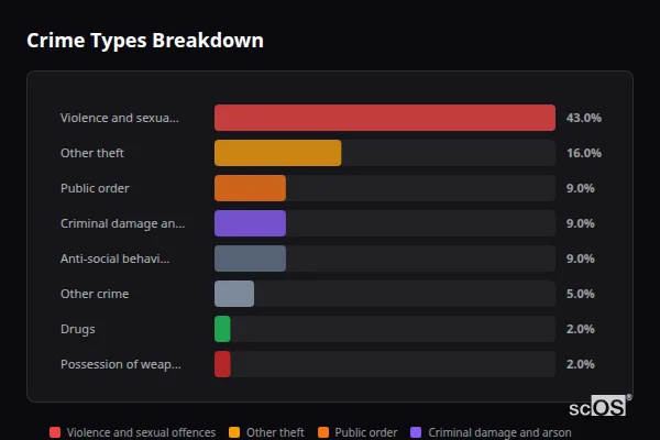 Crime Types Breakdown for Tintagel - showing Violence and sexual offences (43%), Other theft (16%), Public order (9%)