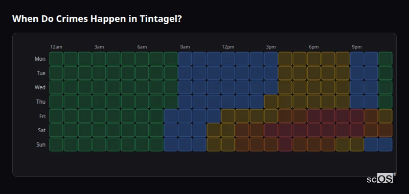 Crime time heatmap for Tintagel - showing when crimes are most likely to occur by day and hour
