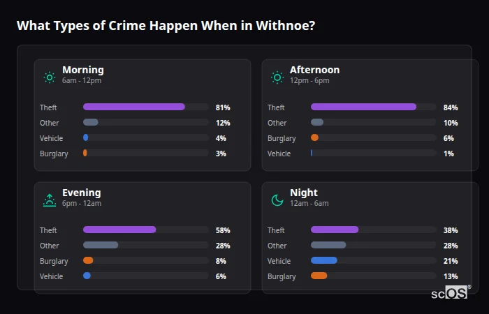 Crime types by time period for Withnoe - showing breakdown of burglary, violence, theft, and vehicle crime by morning, afternoon, evening, and night