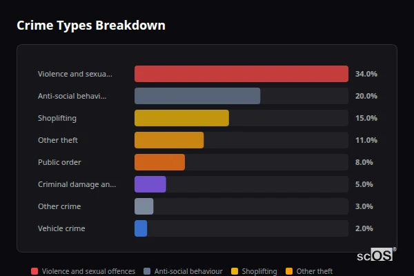 Crime Types Breakdown for South Cerney - showing Violence and sexual offences (34%), Anti-social behaviour (20%), Shoplifting (15%)