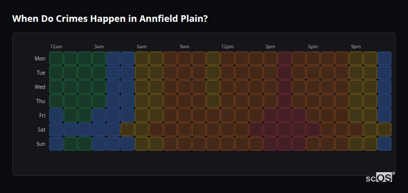 Crime time heatmap for Annfield Plain - showing when crimes are most likely to occur by day and hour