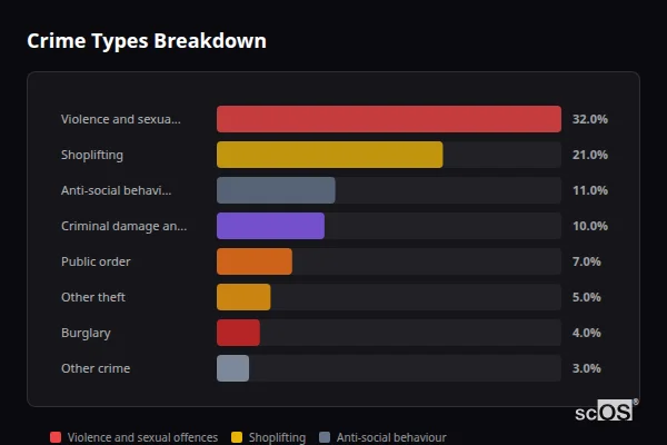Crime Types Breakdown - Barnard Castle Crime Types Breakdown for Barnard Castle - showing Violence and sexual offences (32%), Shoplifting (21%), Anti-social behaviour (11%)