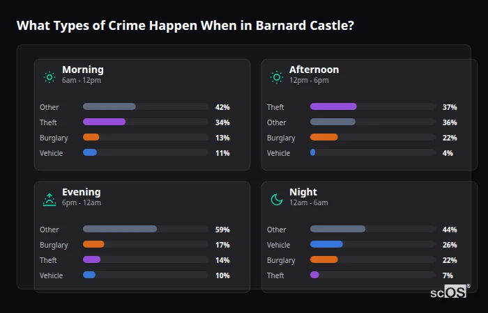 What Types of Crime Happen When in Barnard Castle? Crime types by time period for Barnard Castle - showing breakdown of burglary, violence, theft, and vehicle crime by morning, afternoon, evening, and night